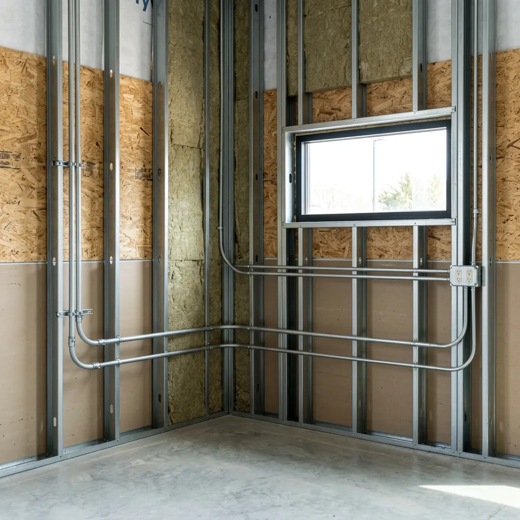 Corner interior shot of a metal building showing framing, a small window, and electrical conduit running along the walls.