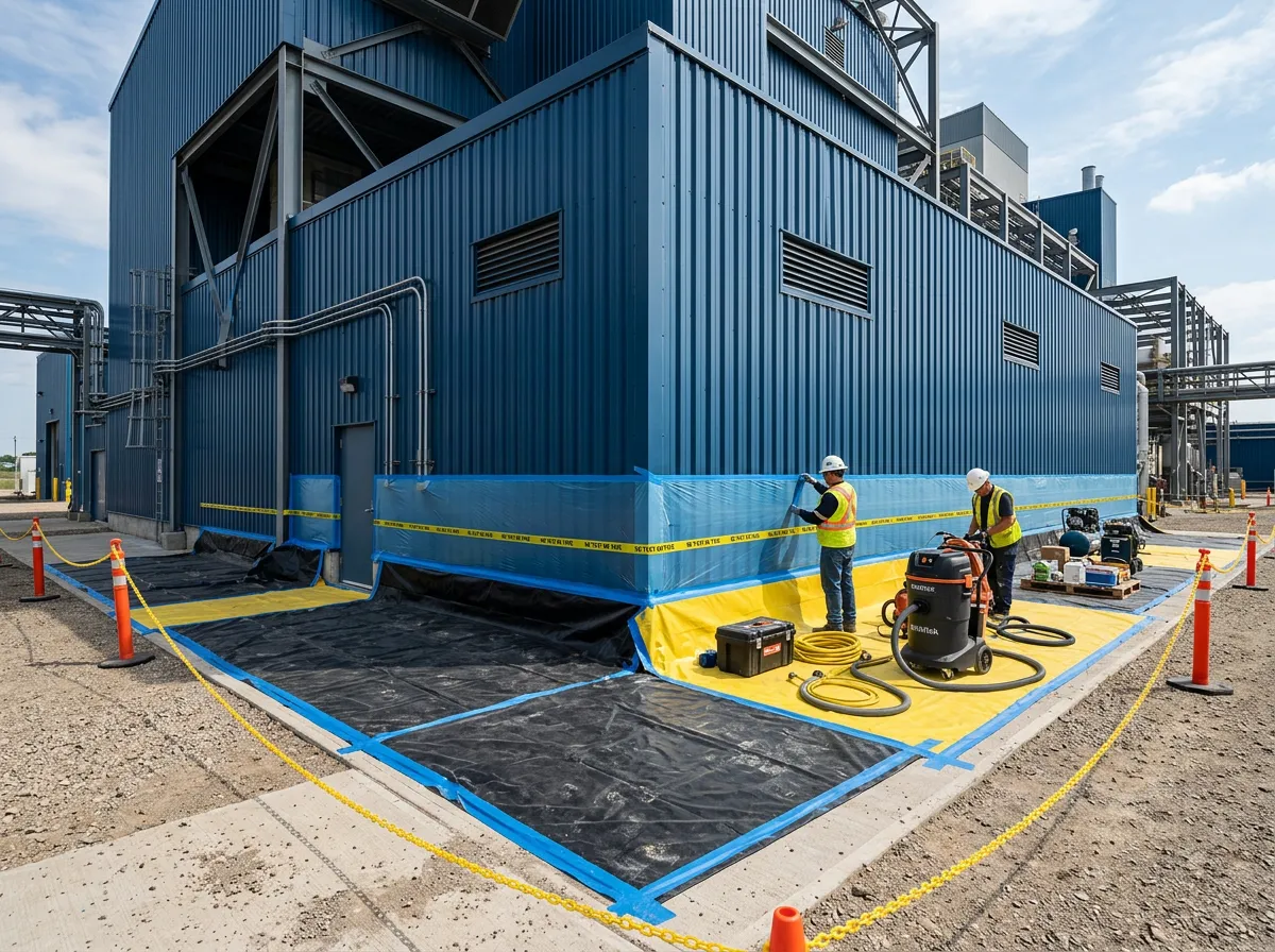 Ground containment and masking in place on an industrial facility exterior with blue corrugated metal siding.