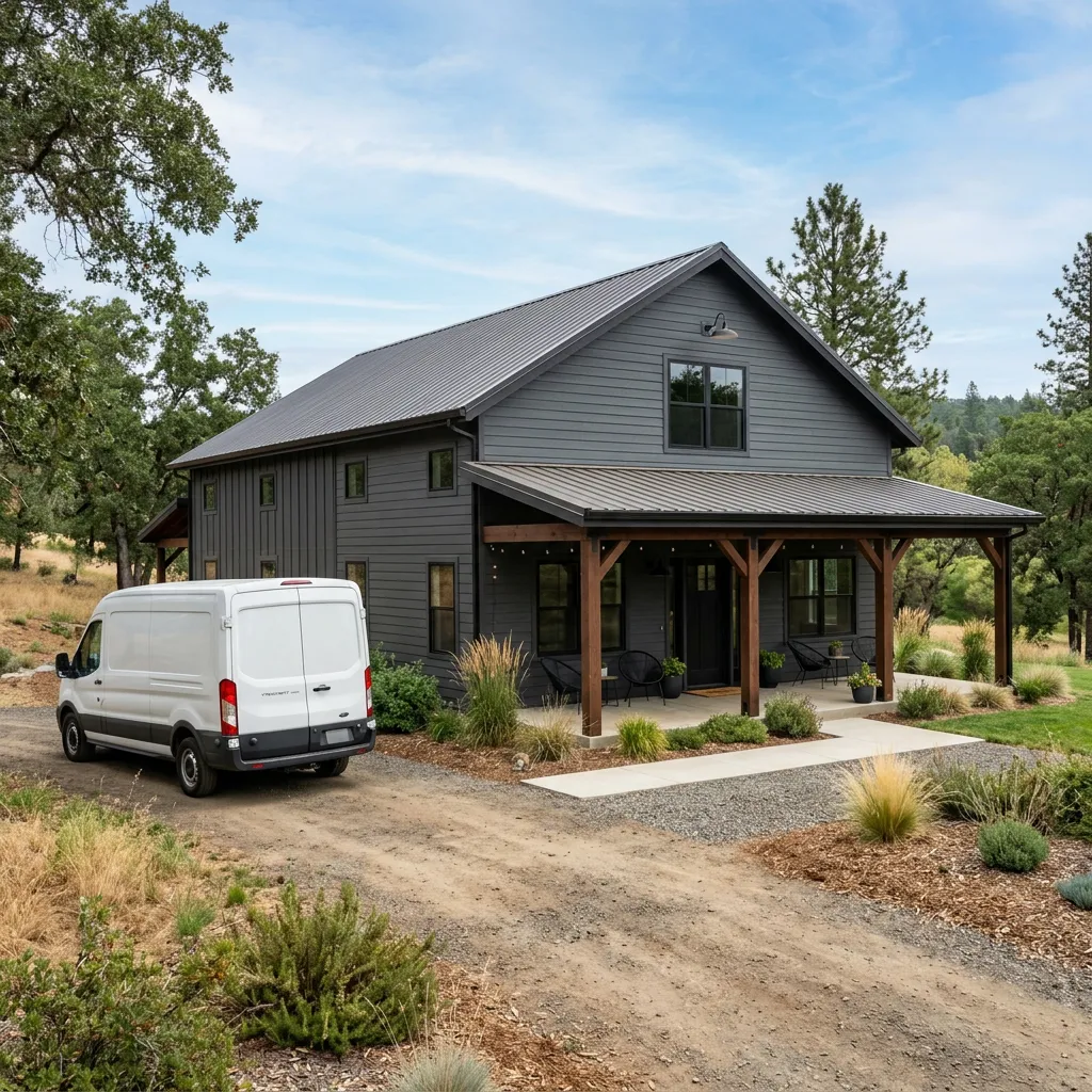 Dark gray barndominium-style building with a covered porch area and a white work van parked on the dirt driveway.