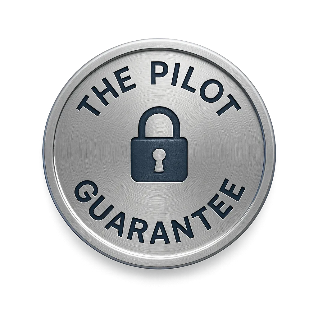 A circular metallic seal with a subtle brushed steel texture. Features a central lock icon and the text '7-DAY REVENUE RECOVERY GUARANTEE' in bold navy uppercase.