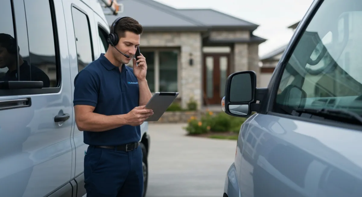 HVAC technician in clean uniform checking schedule on tablet in front of service van