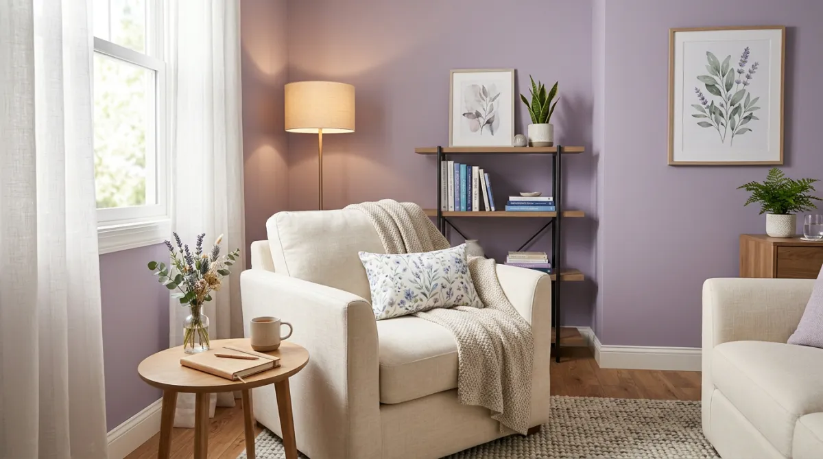 A cozy, well-lit corner with a plush purple armchair, a small side table holding a vase of lavender, and a framed brain-heart logo print on a light purple wall.
