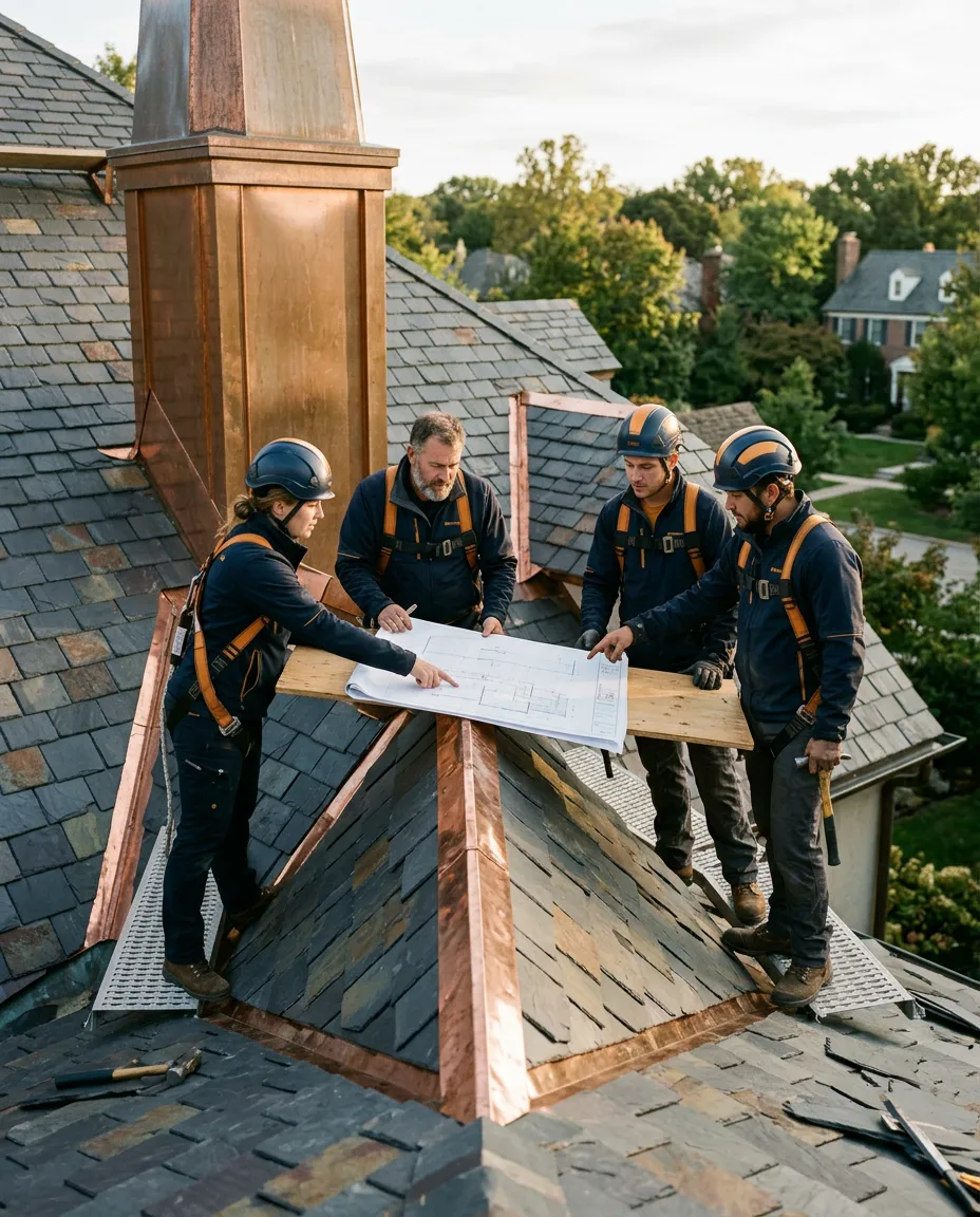 Founders and master craftsmen team inspecting architectural roof work on a residential job site