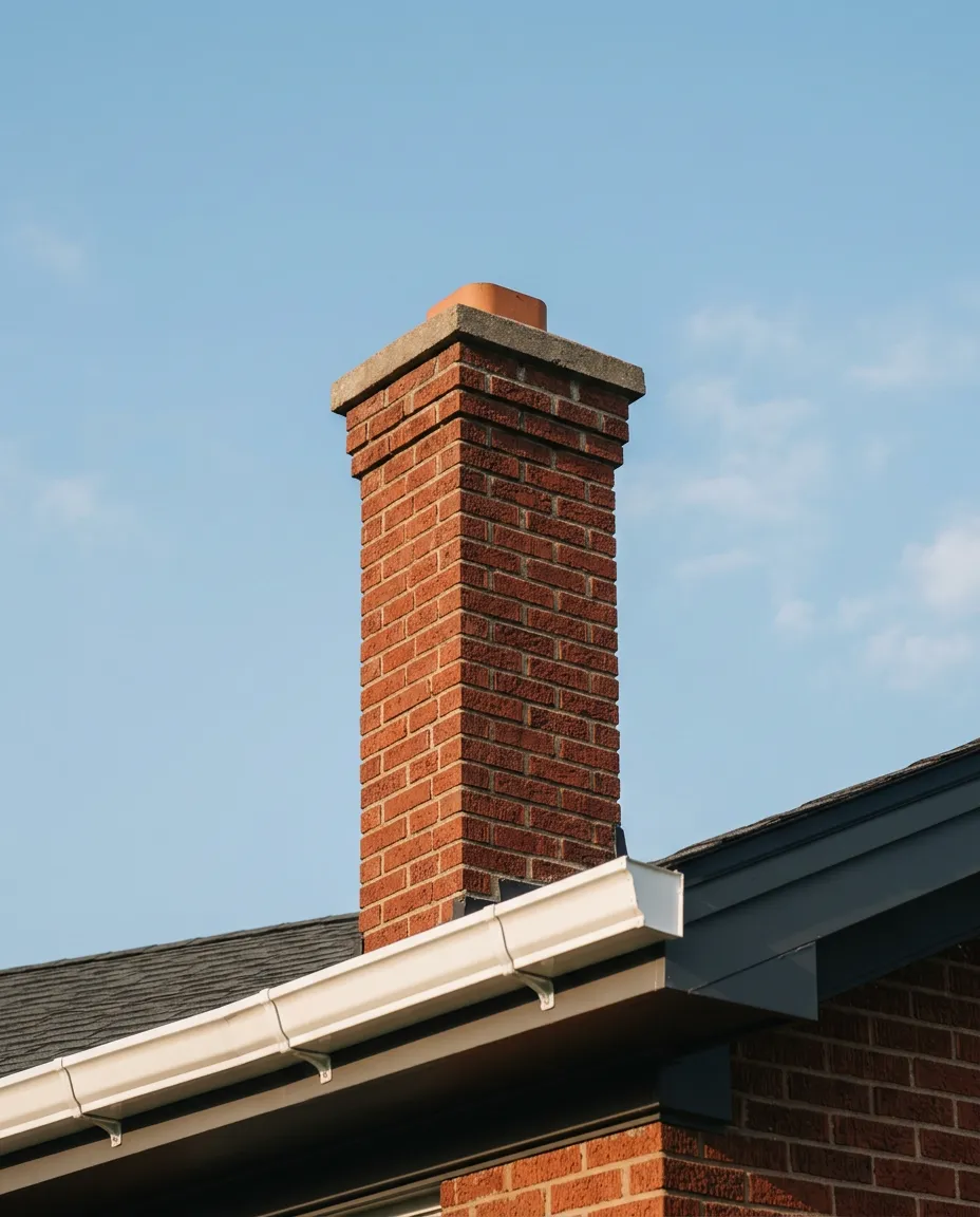Impeccably clean residential gutter line and pristine brick chimney exterior