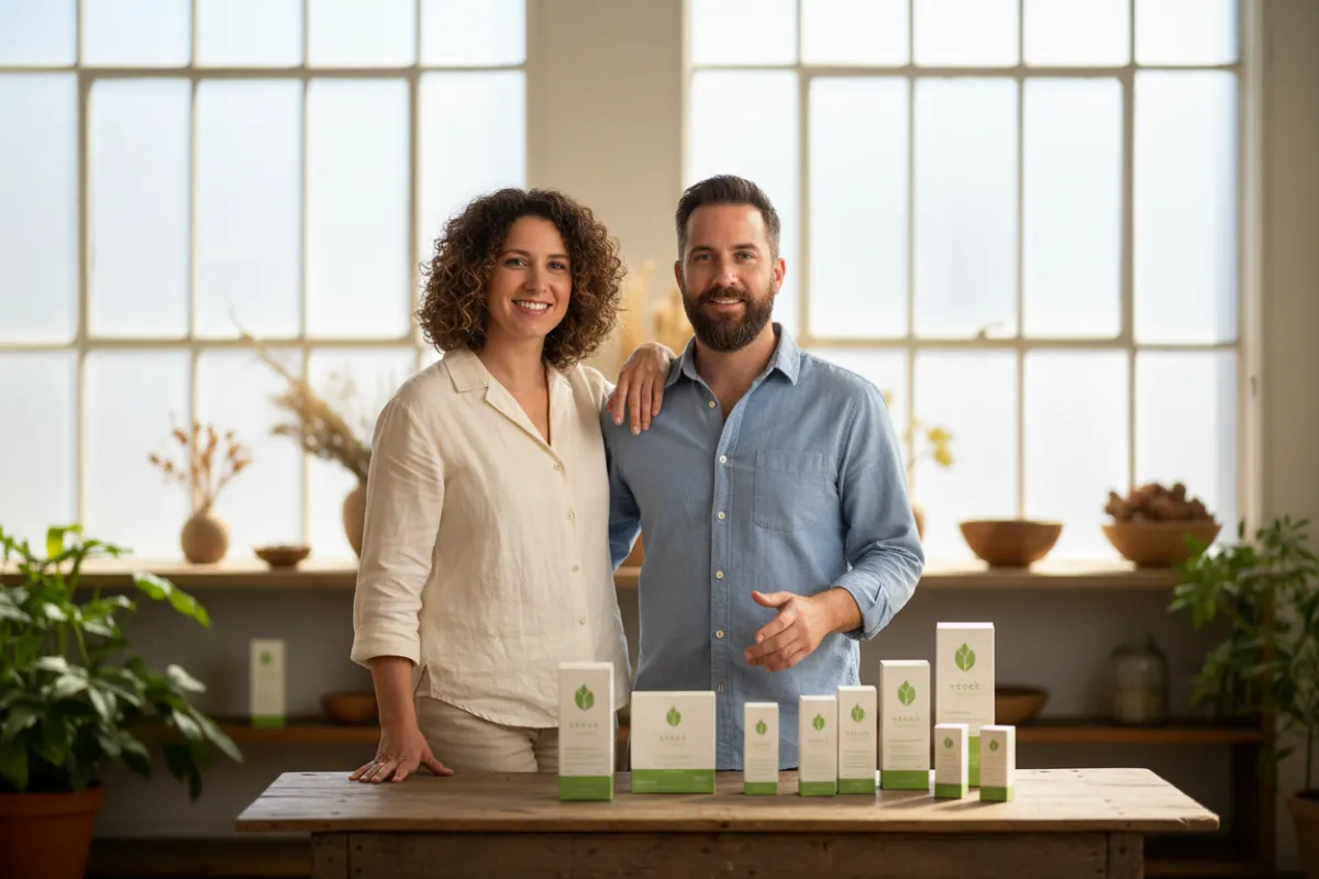 Founders Lindi and Kellan in a bright studio with Verdé Botanics packaging, conveying authenticity and trust.