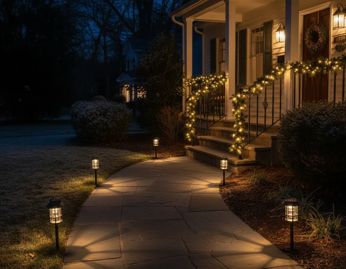 Walkway lined with stake lights and lit garland railings