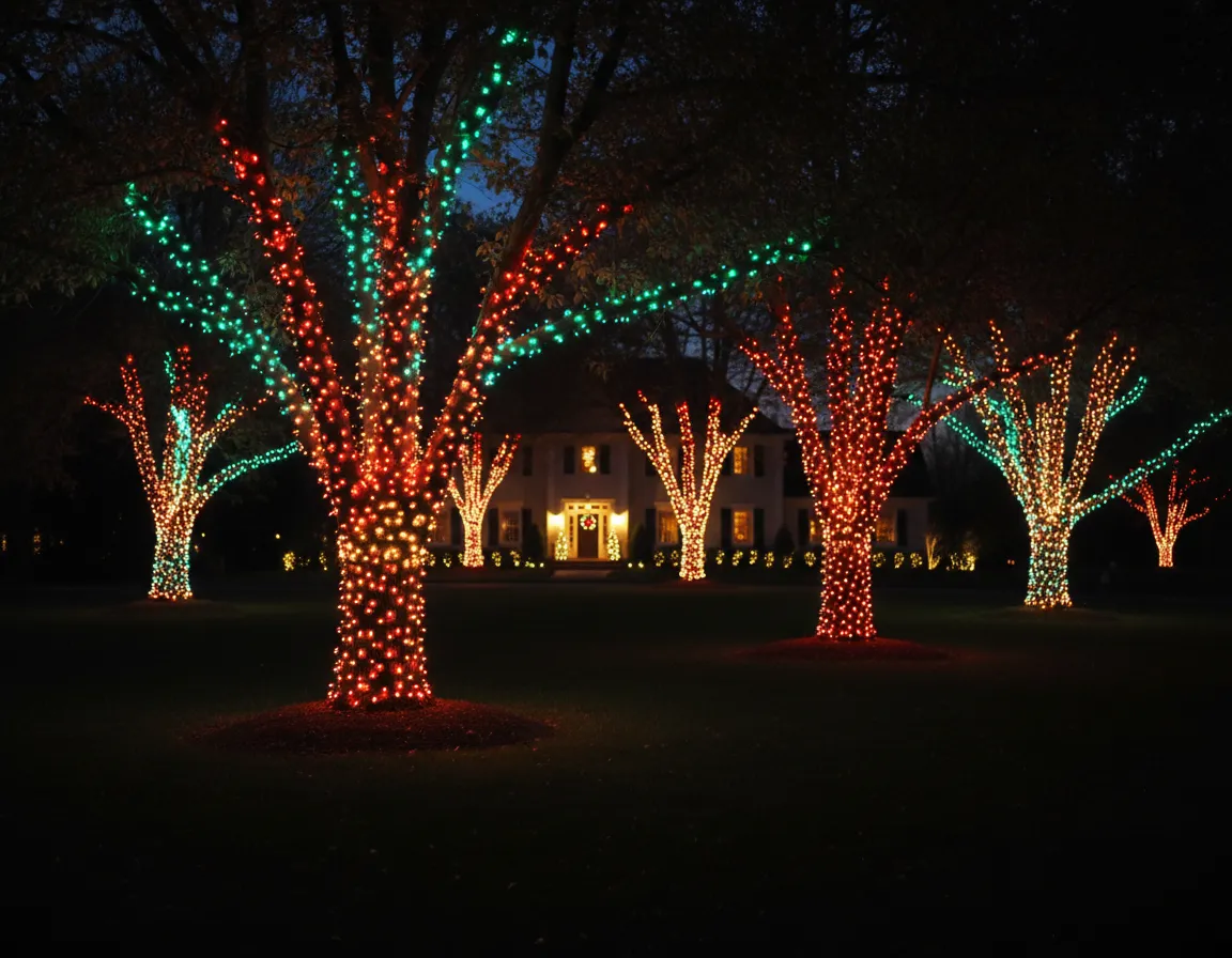 Front yard trees wrapped with colorful Christmas lights