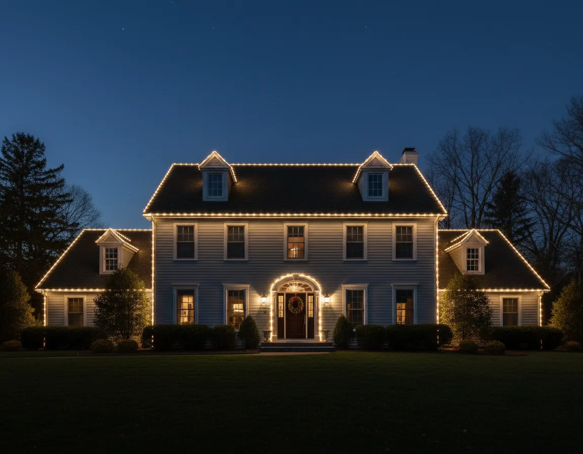 Classic warm white Christmas lights outlining a home roofline