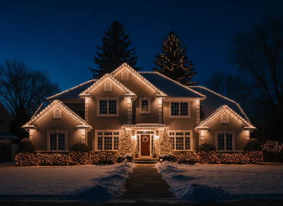 Home decorated with professional Christmas lights at night