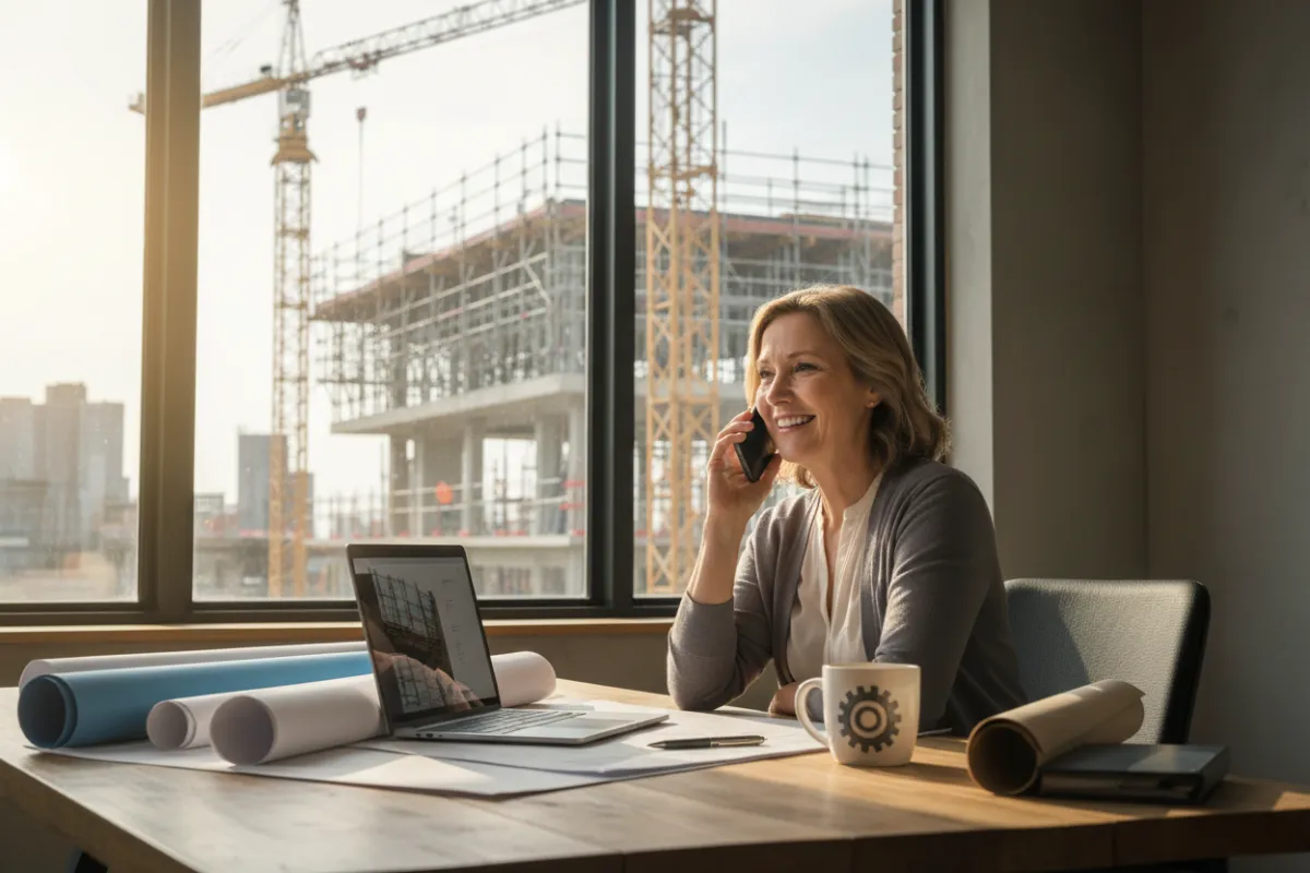 A middle-aged woman in a construction office, smiling as she speaks on a smartphone. She is surrounded by blueprints, a laptop, and a coffee mug, with a window showing cranes and scaffolding outside. The scene conveys approachability and readiness to help.