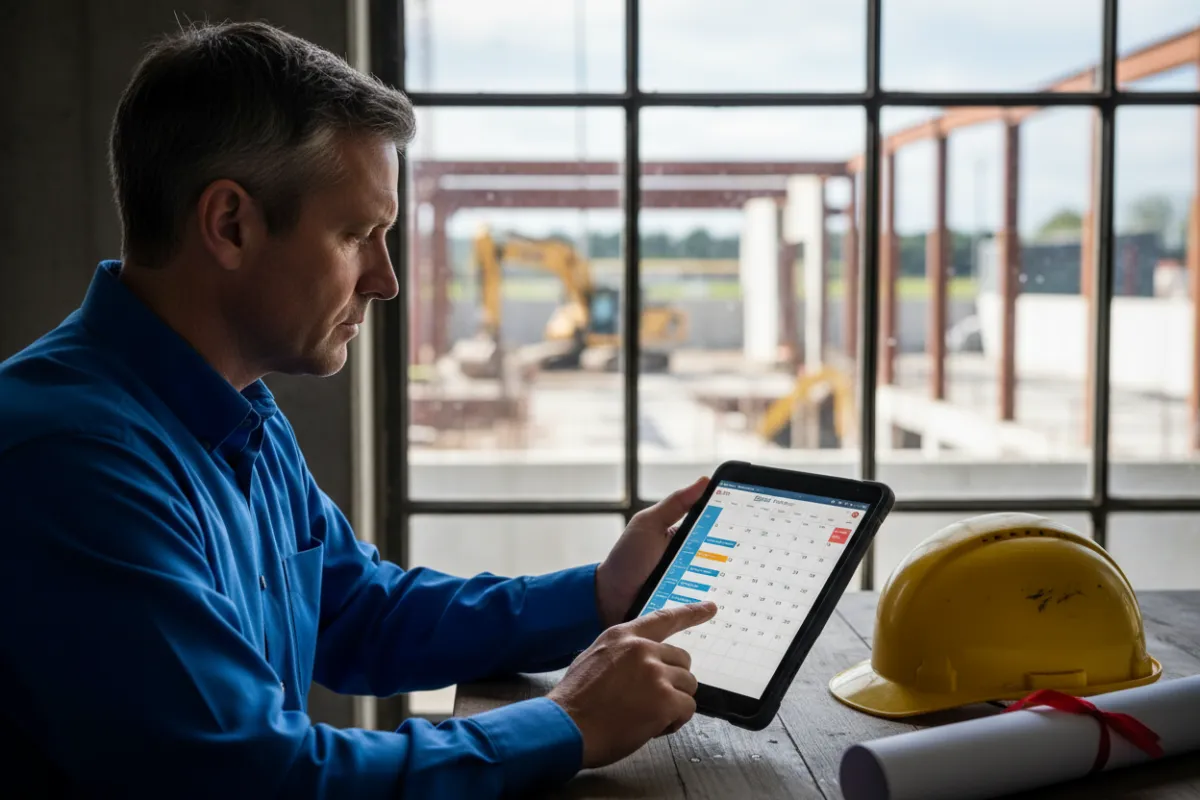 A close-up of a construction manager in a blue shirt using a digital calendar on a tablet, with a yellow hard hat and rolled blueprints on the desk. The background shows a blurred construction site through a window, emphasizing technology and scheduling in a real-world context.