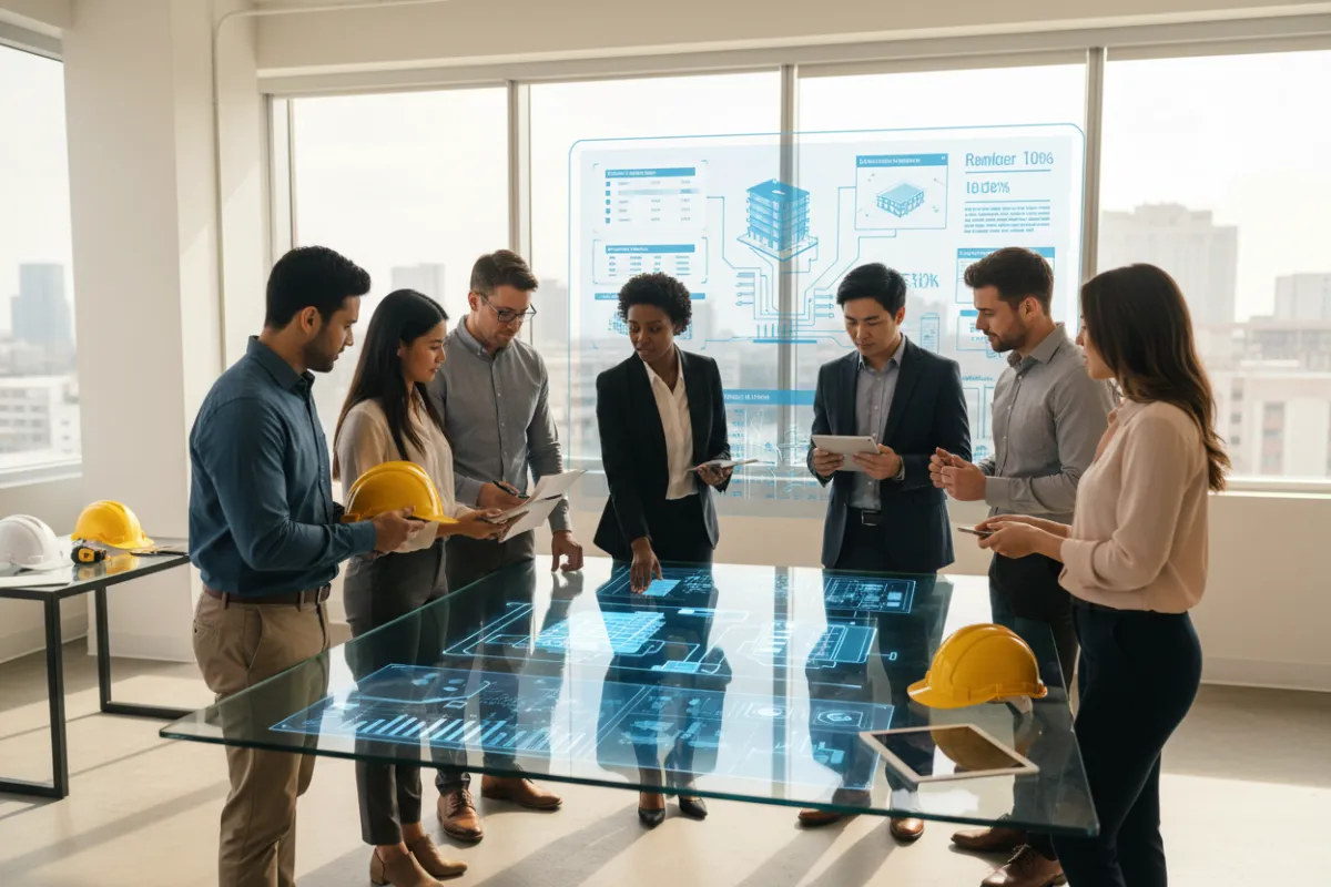 A diverse team of construction professionals and a tech consultant collaborating over digital blueprints and AI-powered tablets in a modern, sunlit office. The group includes men and women of various ages and ethnicities, all focused on workflow diagrams displayed on a large screen. The setting is clean, with construction helmets and digital devices visible, conveying innovation and teamwork.