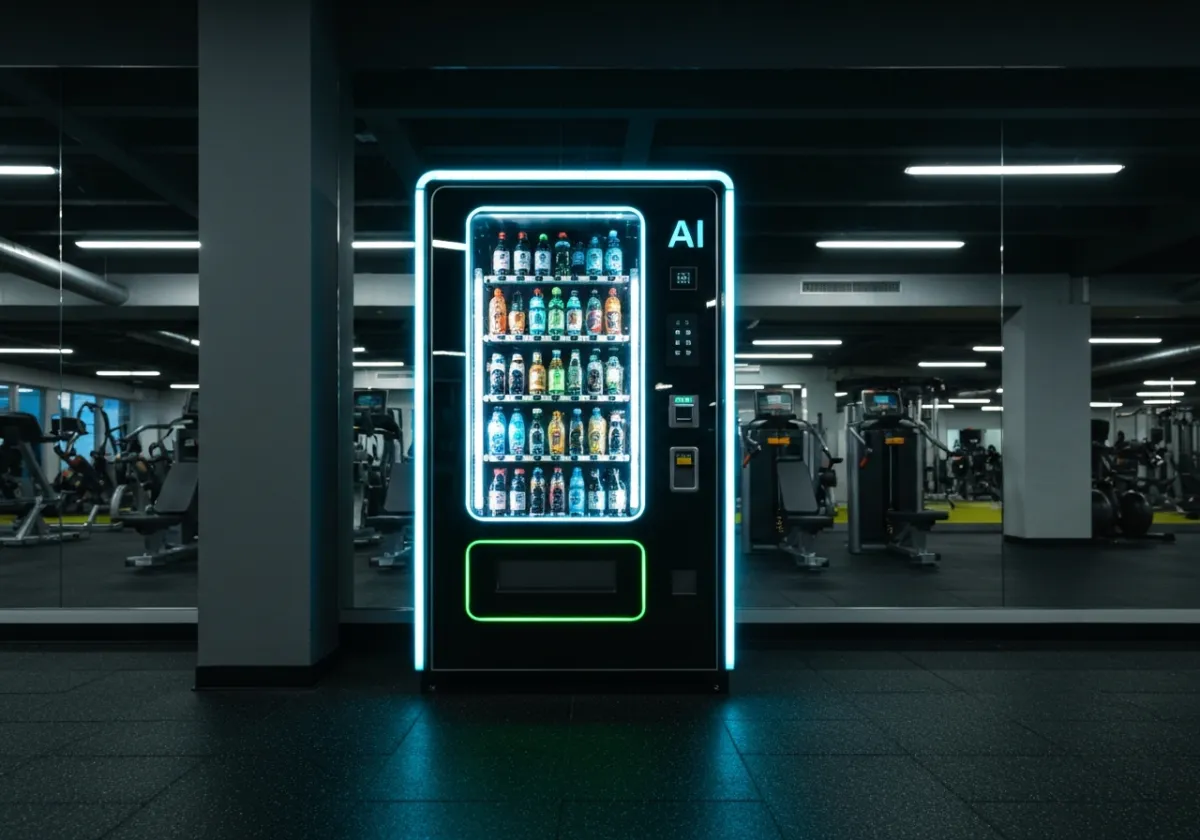 AI vending machine in a fitness center providing protein drinks