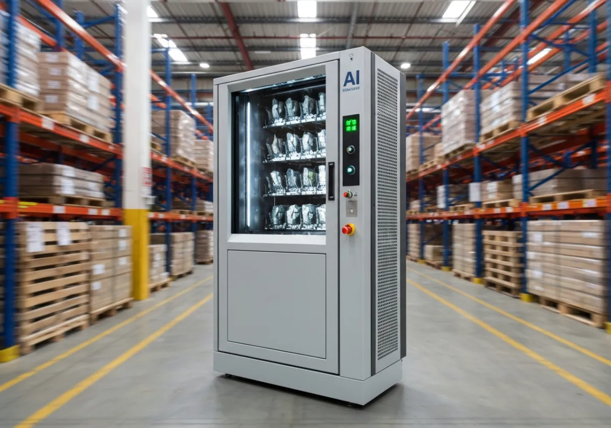 Durable vending machine in a large active warehouse
