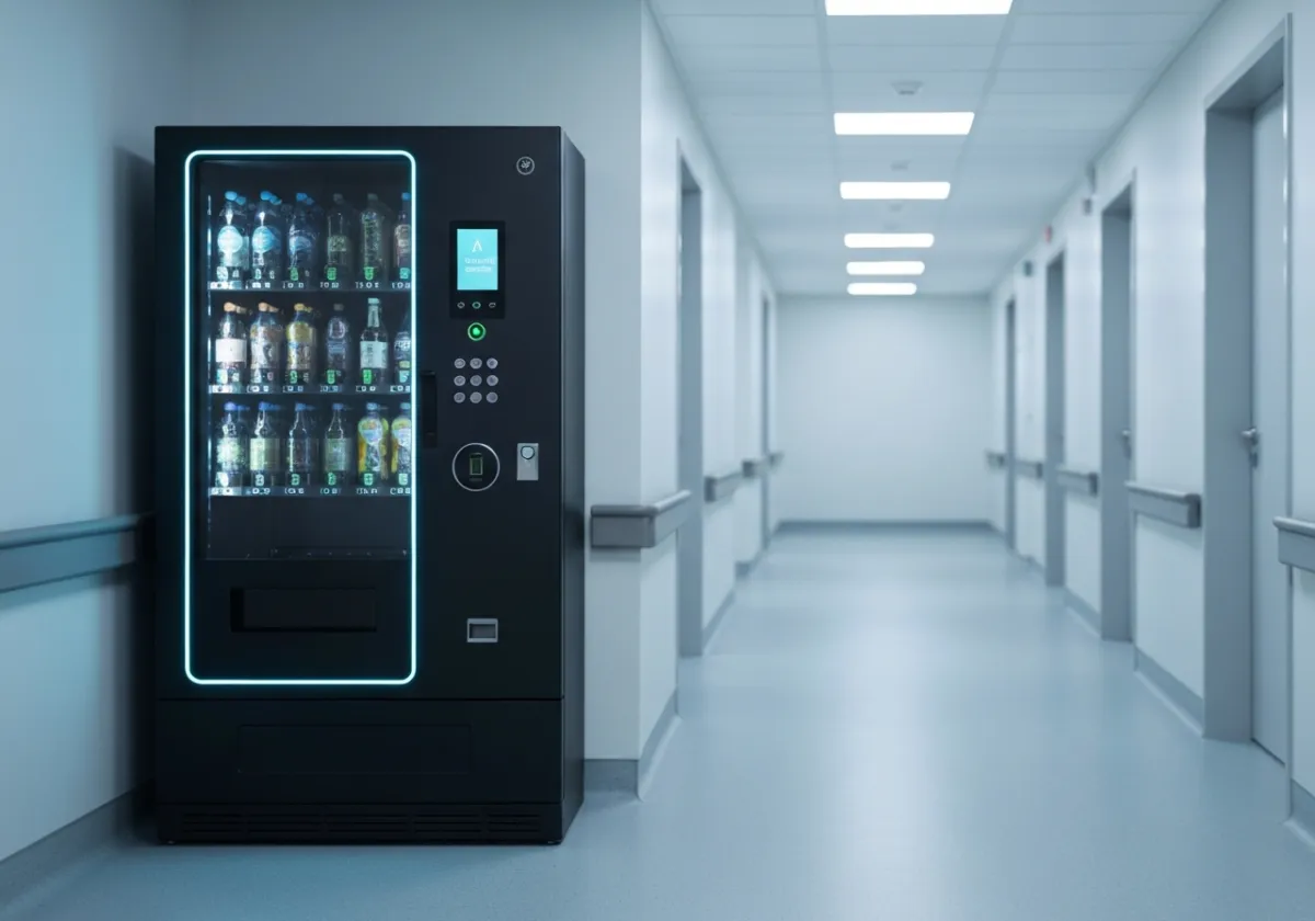 Touchless smart vending machine in a clean medical facility corridor