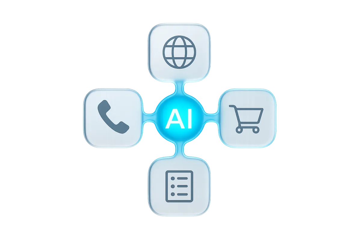 Glassmorphic dashboard UI representation showing AI employee connecting phone, web, and CRM modules
