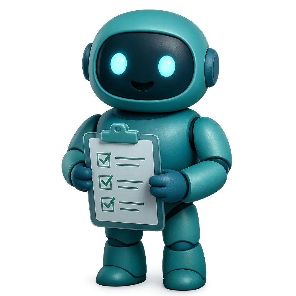 Friendly 3D survey mascot robot holding a translucent clipboard