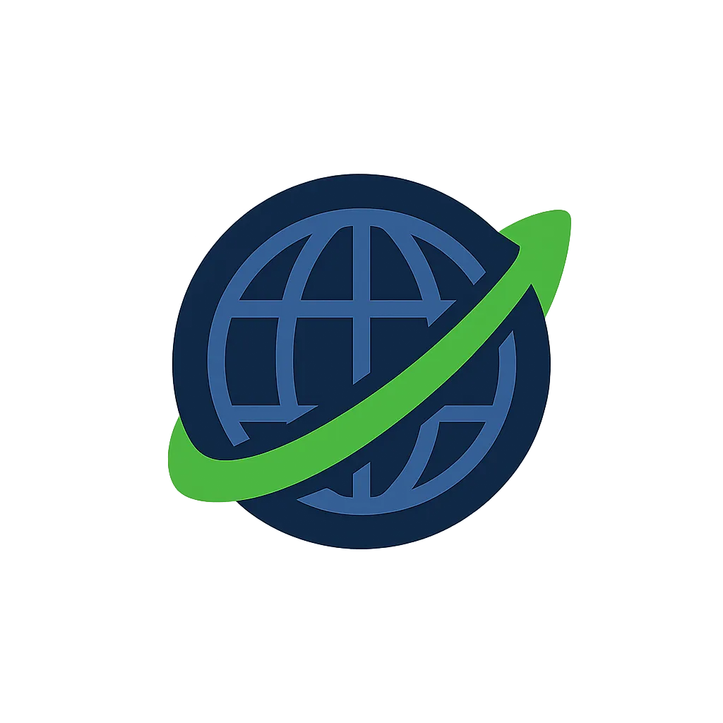 Small circular icon showing a dark blue globe with a green swoosh around it, resembling an orbital path or financial growth line