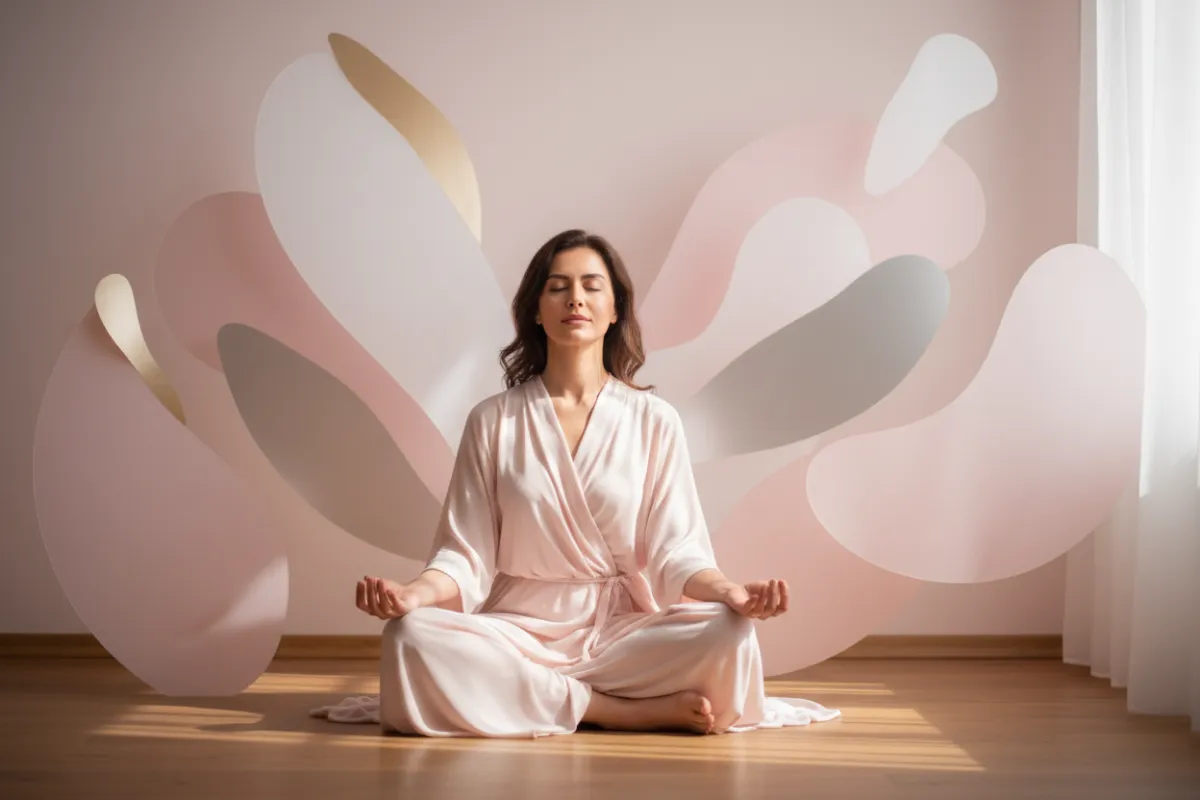 A serene Farsi woman meditating, surrounded by soft pink and white tones, with abstract shapes symbolizing mental clarity and transformation.