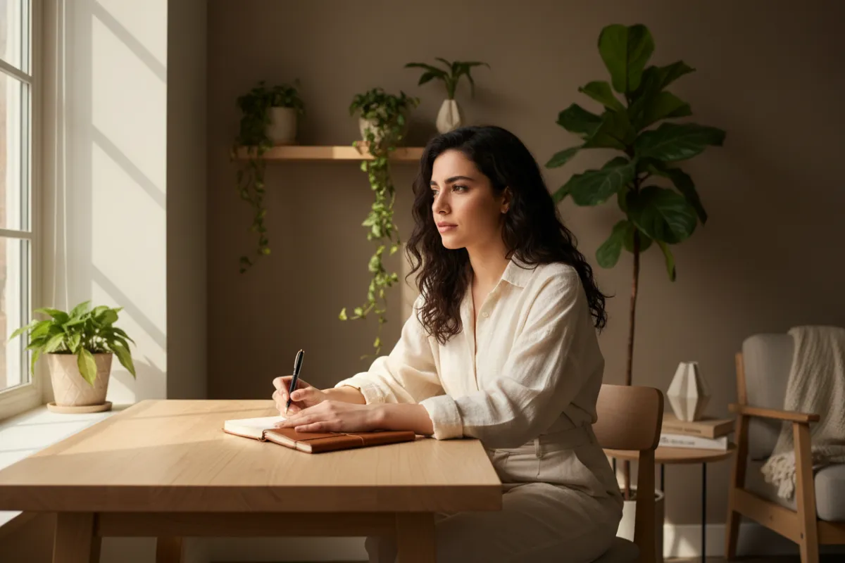 زنی در حال نوشتن افکار خود در دفترچه، محیط آرام و الهام‌بخش، سبک هنری مدرن