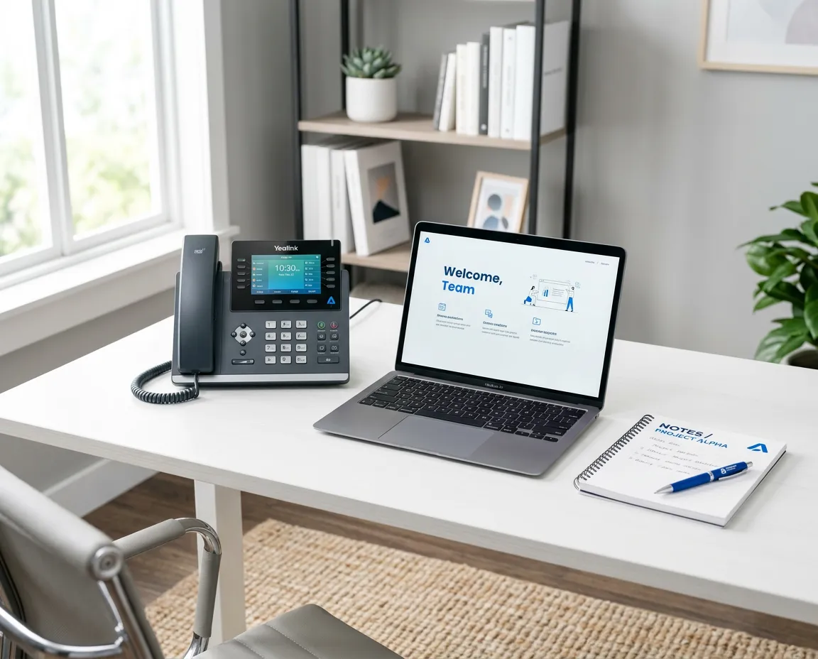 Modern small-office cloud VoIP phone setup with clean desktop and laptop integration