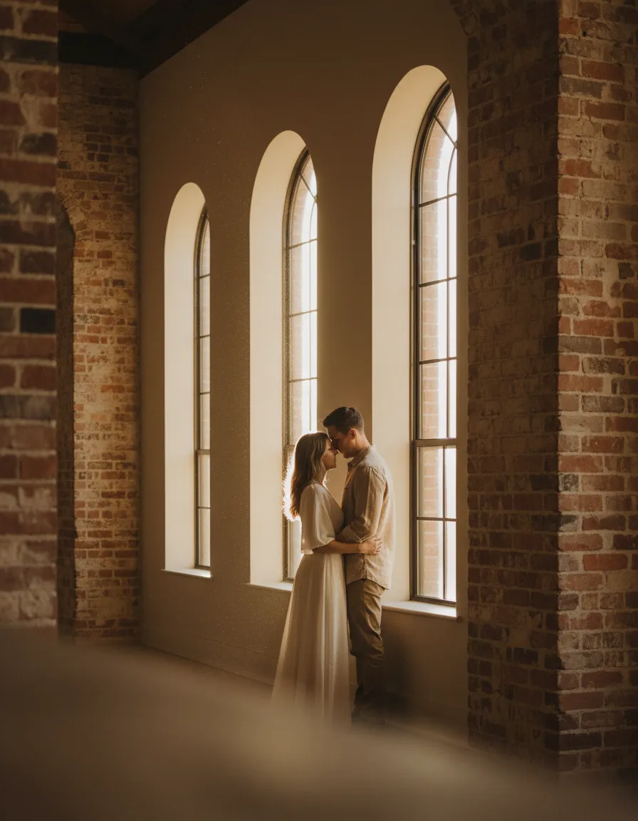 Couple sharing a quiet moment by large windows in the venue
