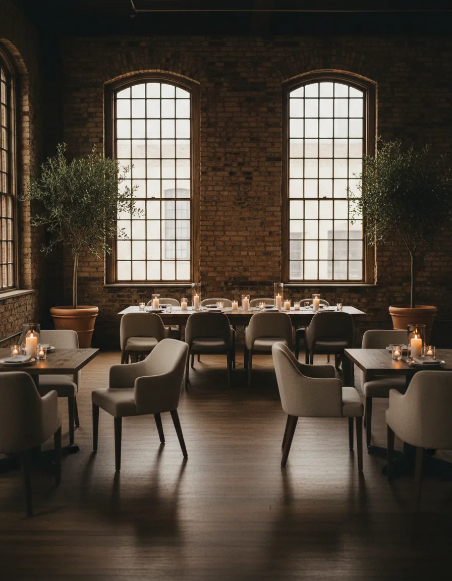 Warm, intimate downtown venue with neutral décor and natural light