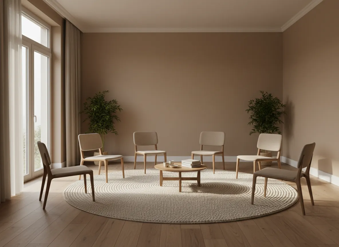 Napfényes, nyugodt szoba, ahol családállítás zajlik