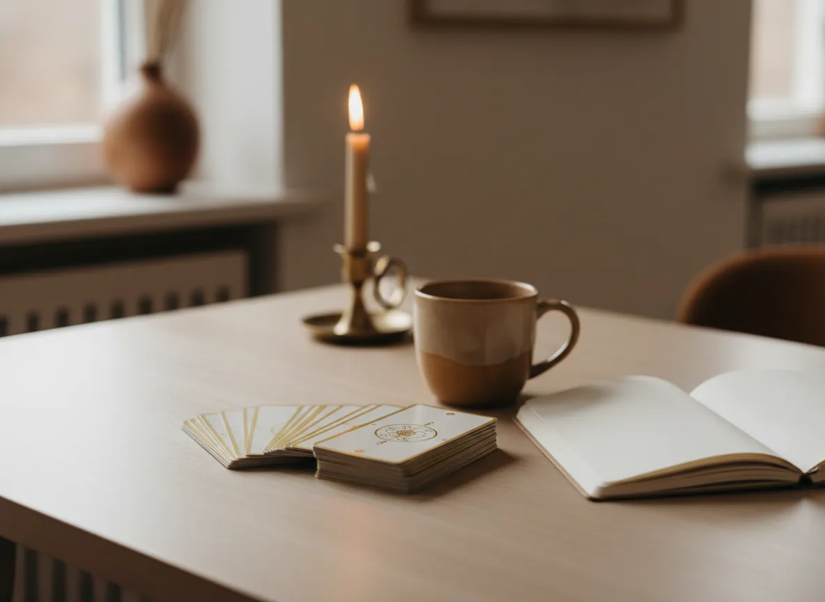 Tarot kártyák, könyvek és gyertya egy nyugodt, meleg hangulatú asztalon