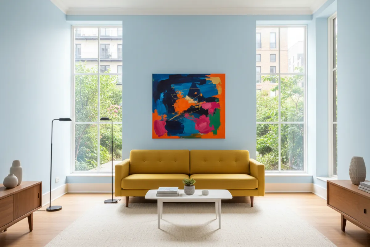A modern living room with freshly painted light blue walls, sunlight streaming through large windows, a mid-century sofa, and a vibrant abstract painting. The space is tidy, inviting, and showcases a professional paint finish.
