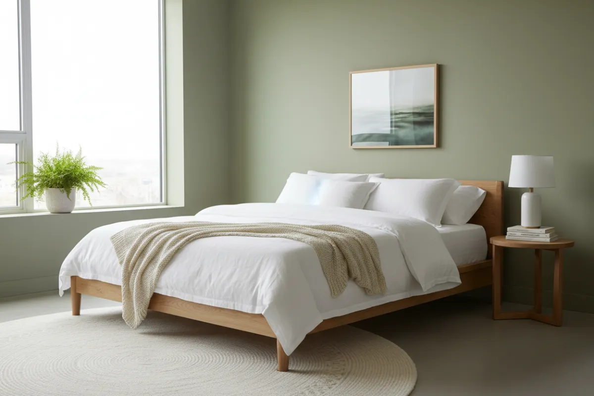 A cozy bedroom with freshly painted sage green walls, a wooden bed with white linens, and a large window letting in soft daylight. The room feels calm, modern, and professionally finished.
