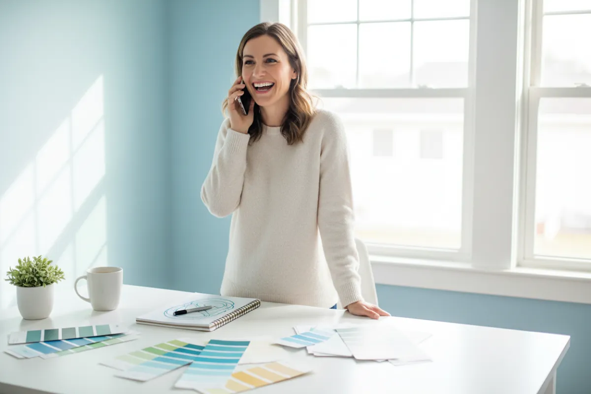 A cheerful homeowner speaking on the phone in a freshly painted home office, surrounded by color swatches and a notepad. The setting is bright, organized, and welcoming, reflecting a positive customer experience.