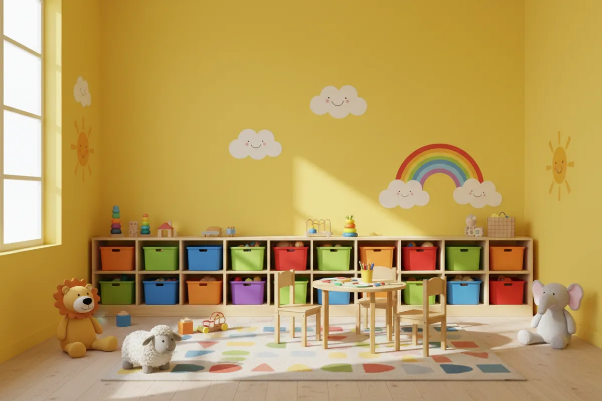A children's playroom with cheerful yellow walls, colorful storage bins, and playful decor. The paint is even and vibrant, creating a joyful, inviting space.