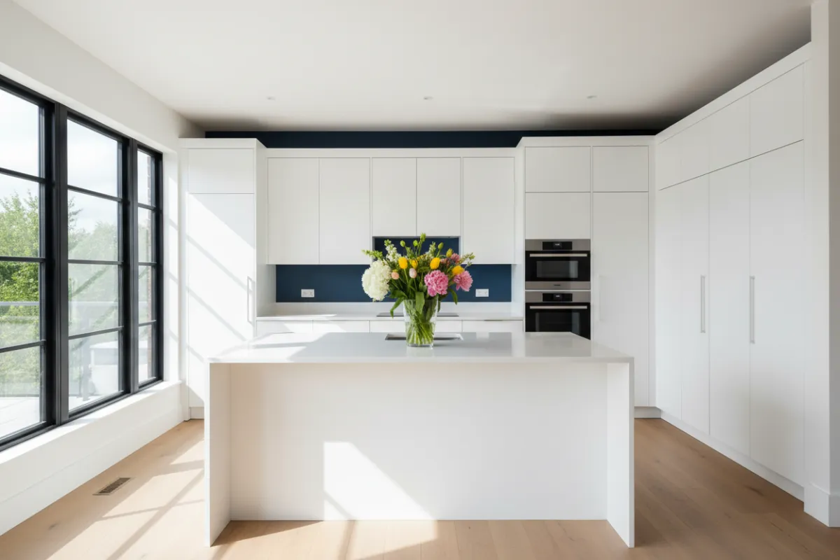 A contemporary kitchen with crisp white cabinets and a bold navy accent wall, sunlight streaming through large windows, and a vase of fresh flowers on the island. The paintwork is flawless, creating a vibrant, inviting cooking space.