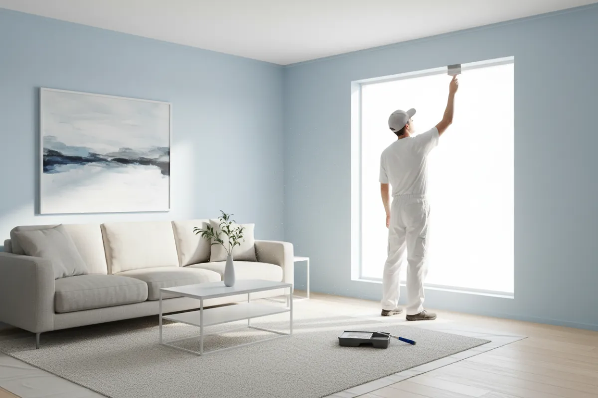 A bright, modern living room with freshly painted light blue walls, a large window letting in natural sunlight, and a painter in uniform carefully edging near the ceiling. The space features minimalistic furniture and a clean, inviting atmosphere, highlighting the transformation achieved by professional painting.