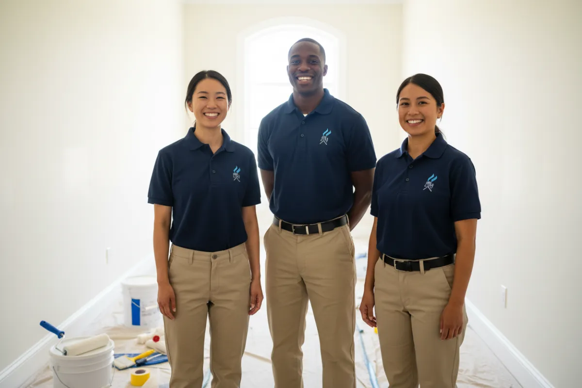 A diverse team of three professional painters in branded uniforms, smiling and standing in a sunlit, freshly painted hallway. Paint supplies are neatly arranged nearby, and the team exudes confidence and friendliness.