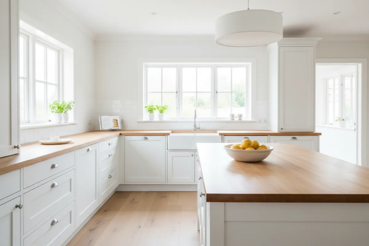 A bright kitchen with crisp white painted cabinets and walls, natural wood countertops, and a bowl of lemons. The space is airy, clean, and highlights expert paintwork.