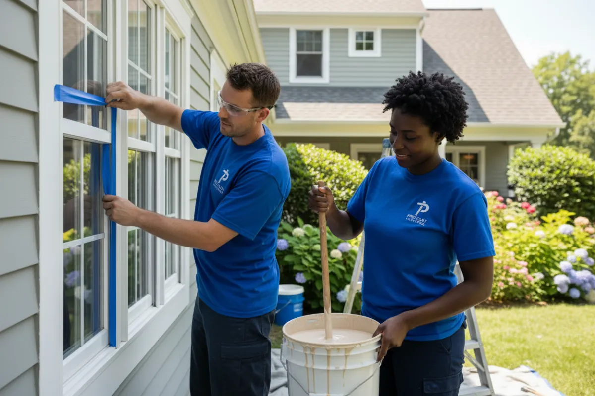 Two professional painters preparing a home's exterior wall, one taping window edges while the other mixes paint, both in branded uniforms, with a suburban house and garden in the background. The scene conveys teamwork, attention to detail, and a welcoming residential setting.