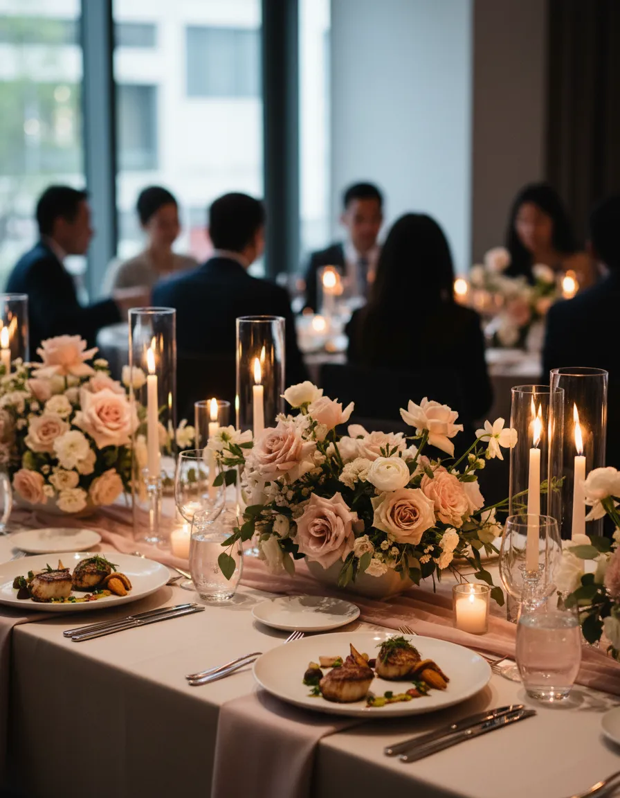 Elegant wedding catering setup with plated dishes in Toronto venue