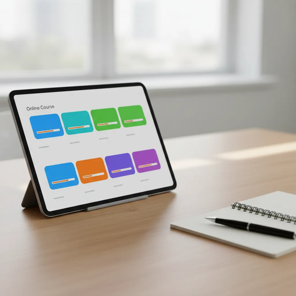 A close-up of a digital tablet displaying a colorful online course dashboard, with modules and progress bars visible. The device rests on a wooden desk with a notepad and pen nearby, suggesting active learning in a professional setting.