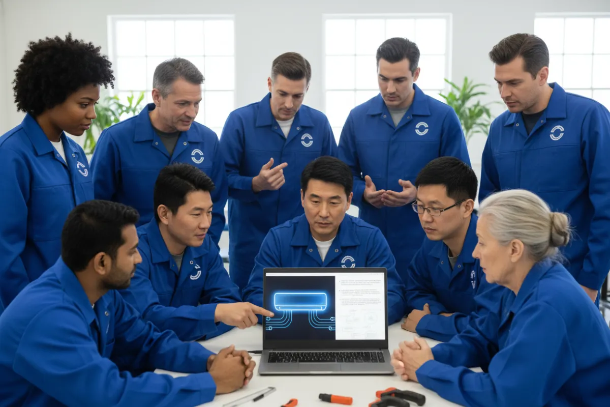 A diverse HVAC team gathered around a laptop, actively participating in an online training session, with digital course materials visible on the screen. The group includes men and women of various ages and ethnicities, all wearing branded work shirts, in a bright, modern workspace.