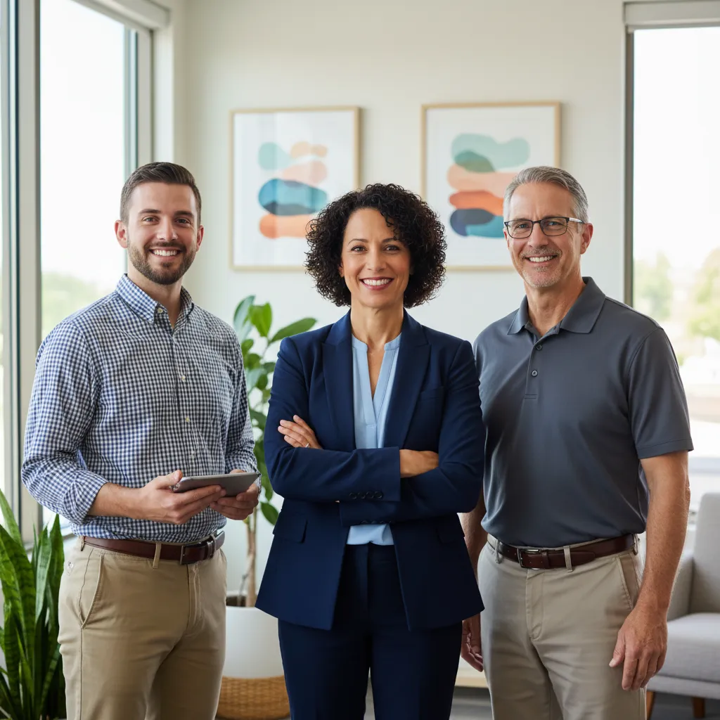 A group portrait of the TrustBuilt Training team, featuring three trainers of different ages and backgrounds, smiling confidently in business-casual attire. The setting is a bright, welcoming office with motivational posters and plants in the background.