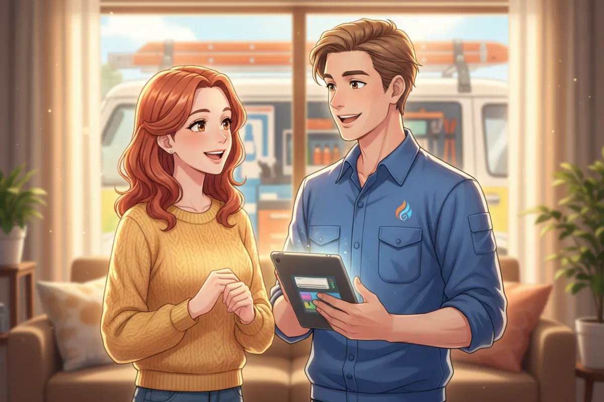 Cinematic anime-style illustration of a happy HVAC technician talking with a smiling customer, bright colors, positive lively atmosphere