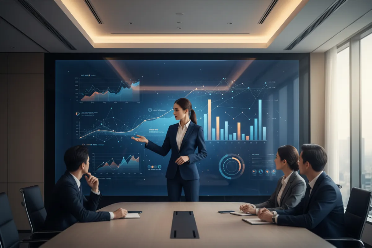 A woman presenting data on a large digital screen to a small audience in a conference room, with infographics and charts visible. The mood is focused and professional. 3:2 aspect ratio.
