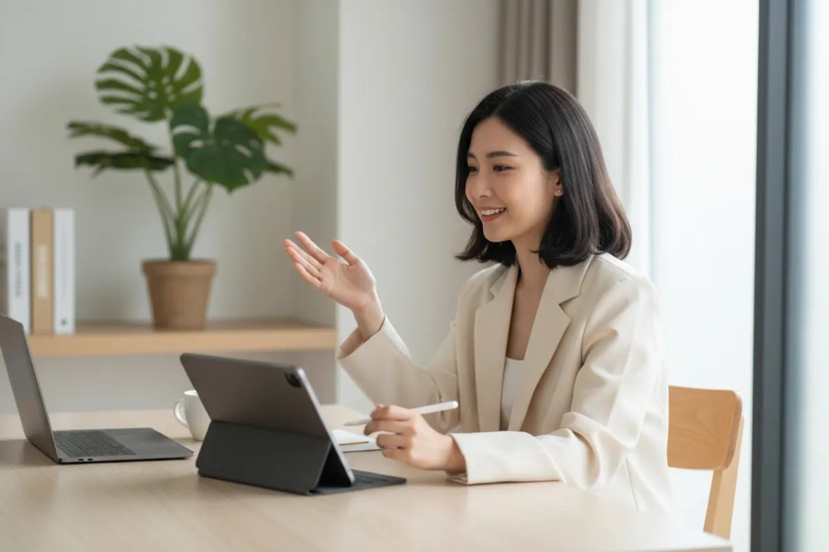 A businesswoman on a video call at a minimalist desk, with a plant and books in the background. She is smiling and gesturing, conveying connection and clarity. 3:2 aspect ratio.