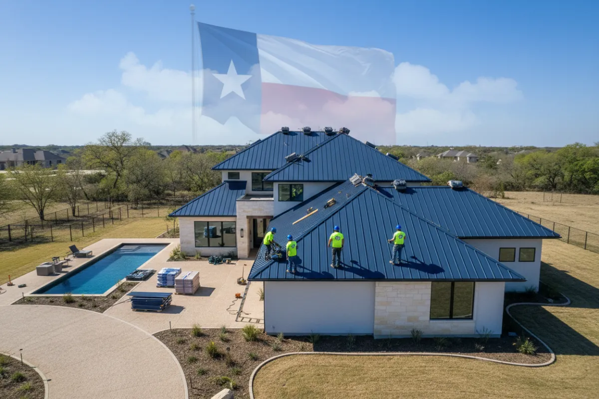 Aerial view of a modern Texas home with a new navy blue roof, construction crew in branded uniforms working, clear blue sky, and subtle Texas flag in the background. The image is crisp, high-contrast, and exudes professionalism.