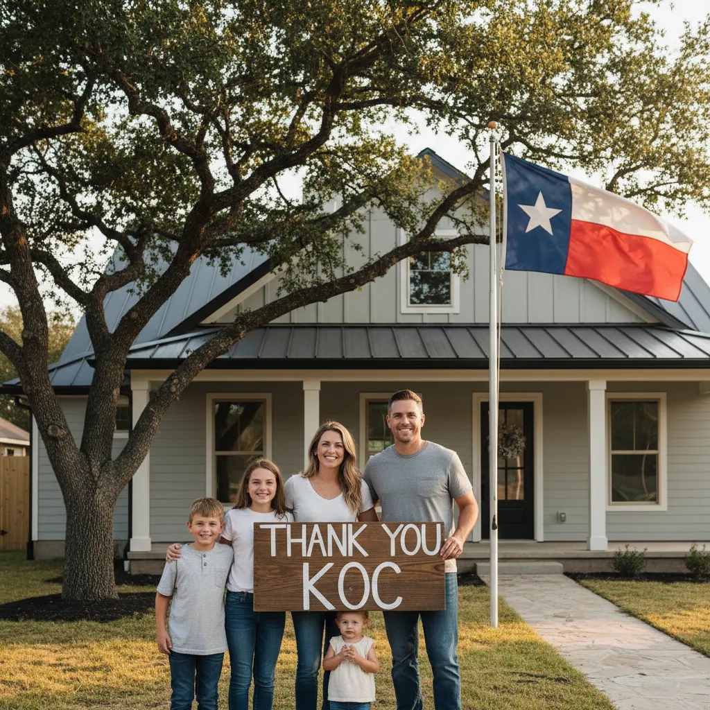 Happy Texas family standing in front of their newly renovated home, holding a 'Thank You KOC' sign. The background features a large oak tree and a Texas flag, with warm sunlight and a sense of accomplishment.