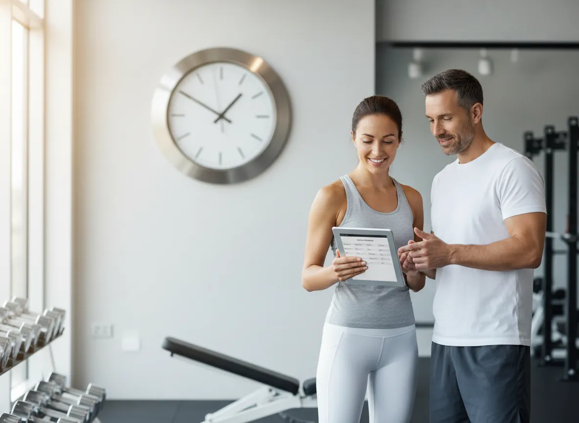 Personal trainer coaching client in gym with flexible schedule