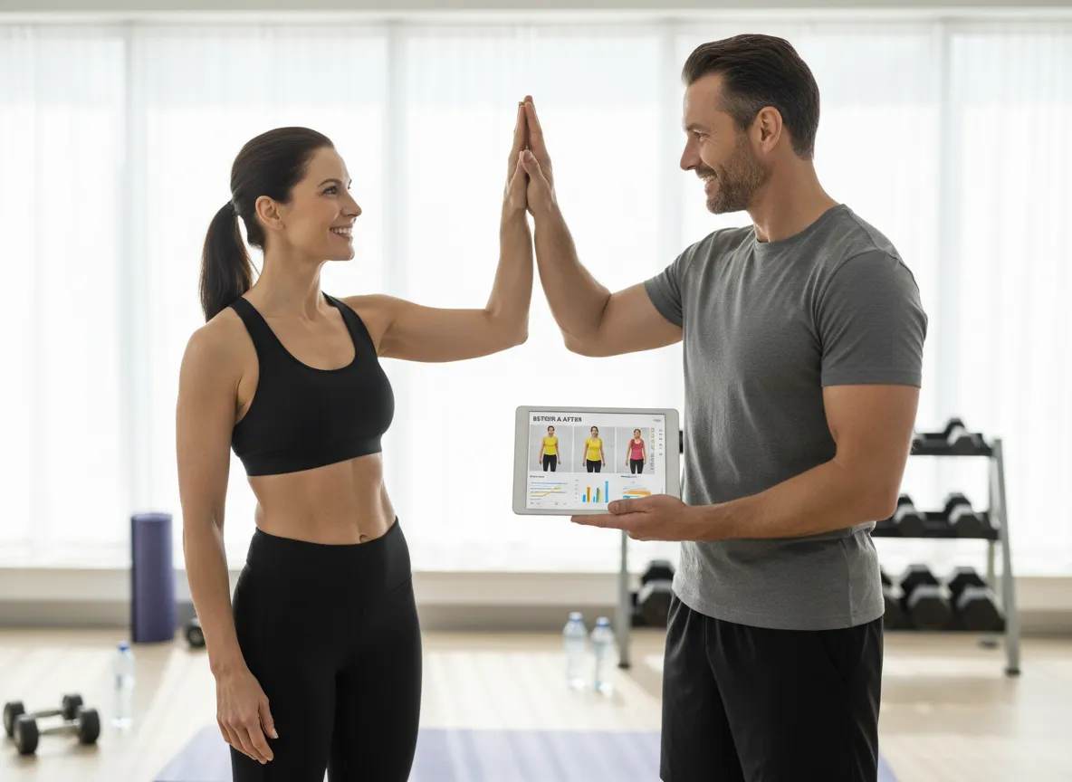 Client celebrating long-term personal training transformation