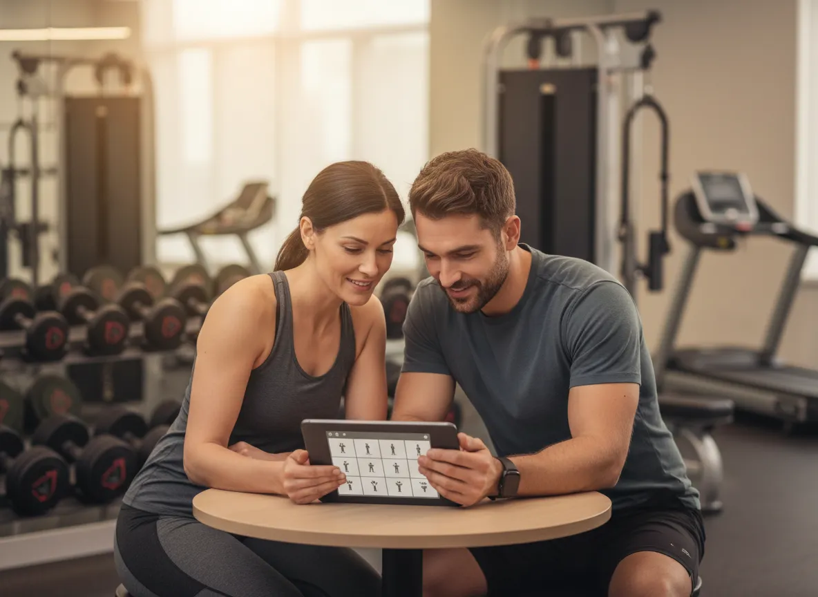 Trainer and client reviewing fitness goals on clipboard